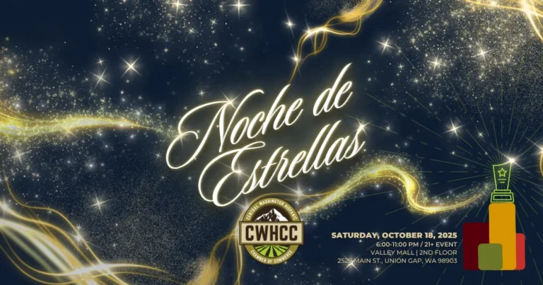 Noche de Estrellas 2025 event poster presented by the Central Washington Hispanic Chamber of Commerce.